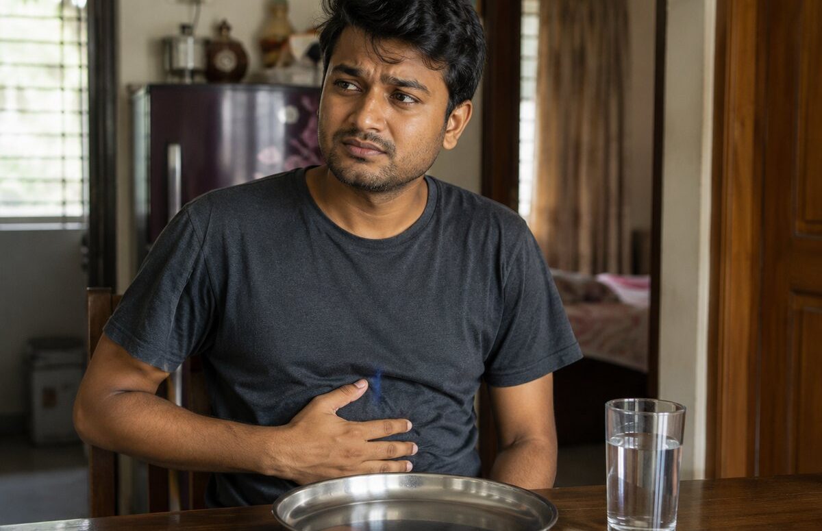পেটে হাত রেখে বসে থাকা একজন মানুষ