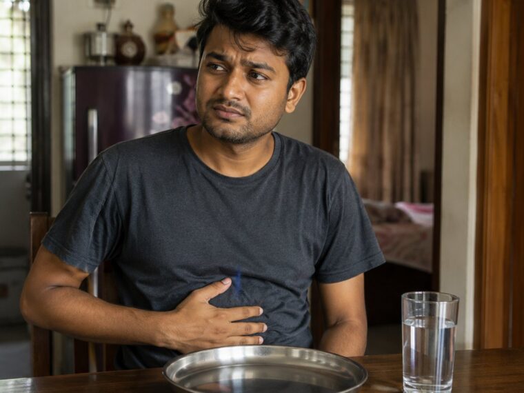 পেটে হাত রেখে বসে থাকা একজন মানুষ