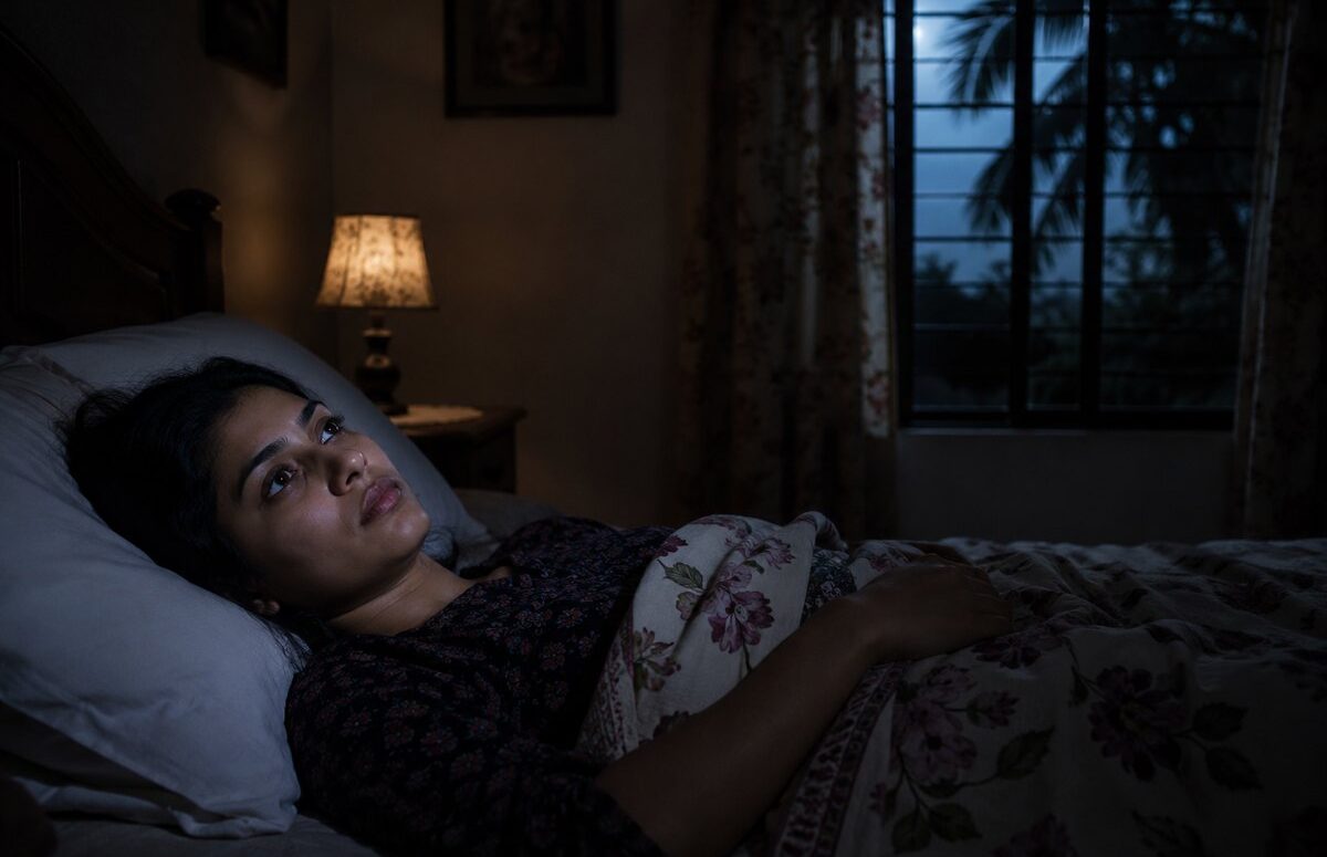 রাতে বিছানায় জেগে থাকা একজন মানুষ